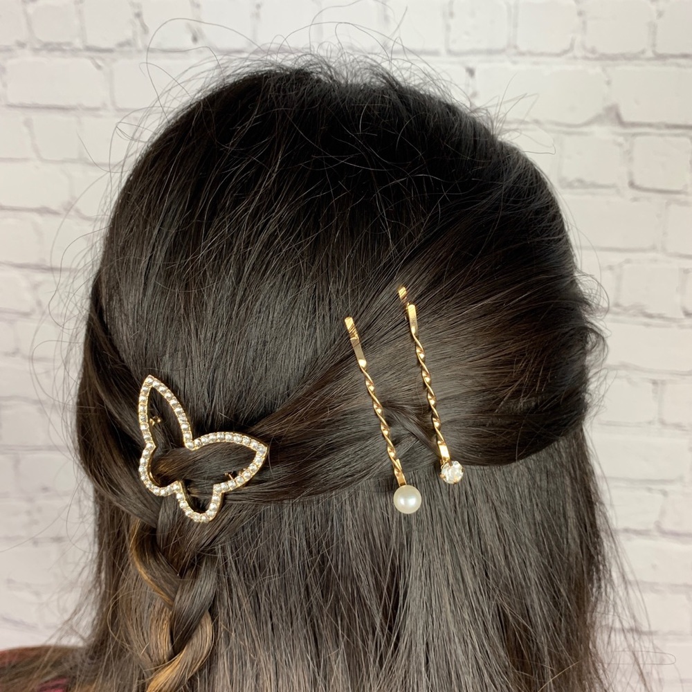 Rhinestone Butterfly & Faux Pearl Hairpins - Picture 2 of 4